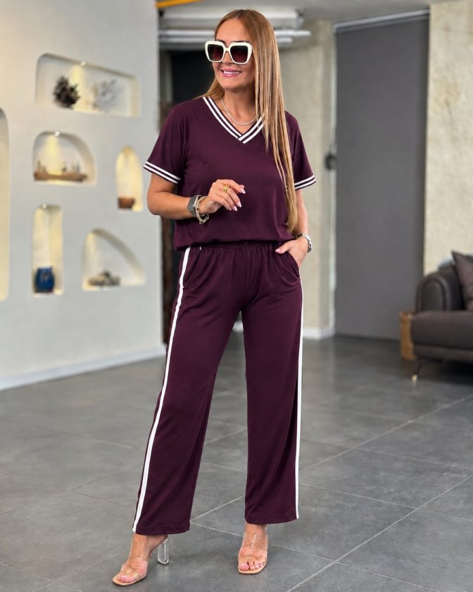 Girince 190599 Women's Short-Sleeve V-Neck Top and Trousers Set