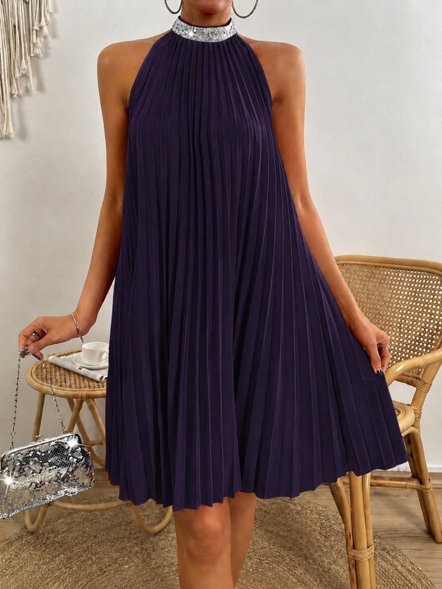 Girince 190590 Women's Pleated Halter-Neck Mini Dress