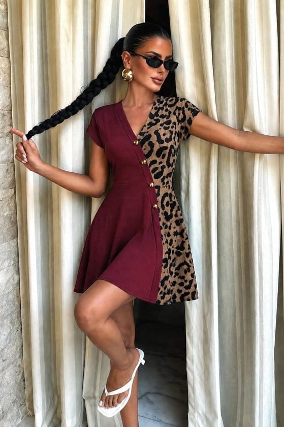 Girince 190569 Women's Short-Sleeve V-Neck Dress with Leopard Detail