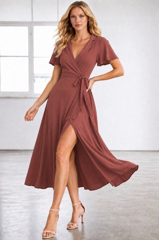 Girince 190562 Women's Short-Sleeve Wrap Midi Viscose Dress