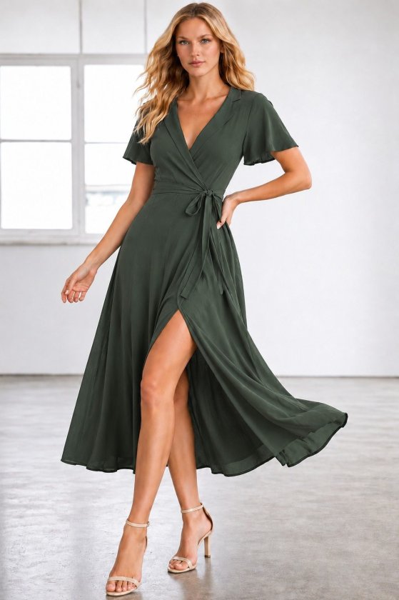 Girince 190561 Women's Short-Sleeve Wrap Midi Viscose Dress