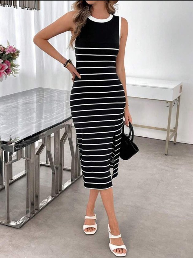 Girince 190479 Women's Striped Midi Knit Dress