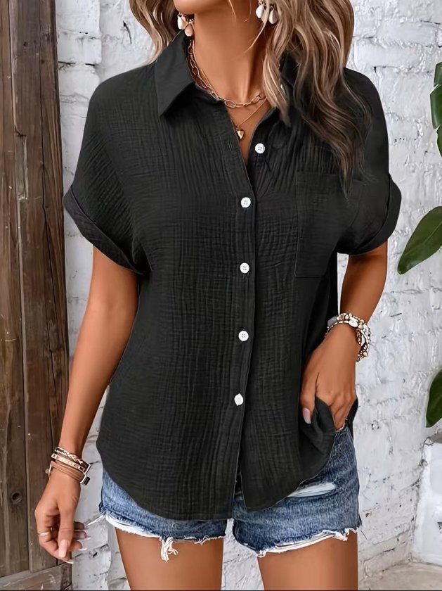 Girince 190469 Women's Short-Sleeve Collared Button-Front Muslin Shirt