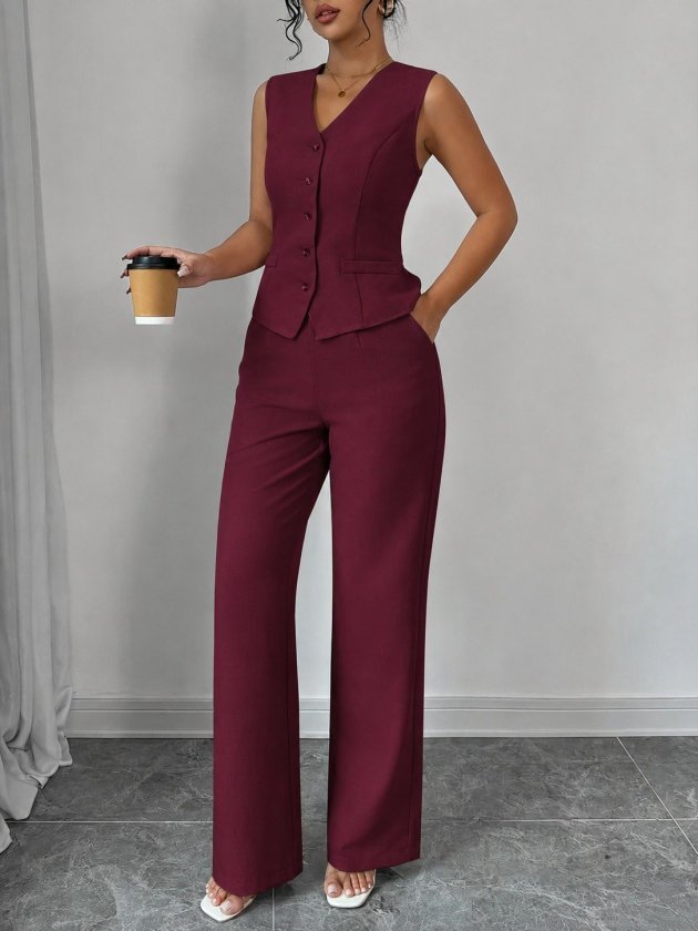 Girince 190461 Women's Linen Co-ord Set with Strappy Button-Front Top and Trousers