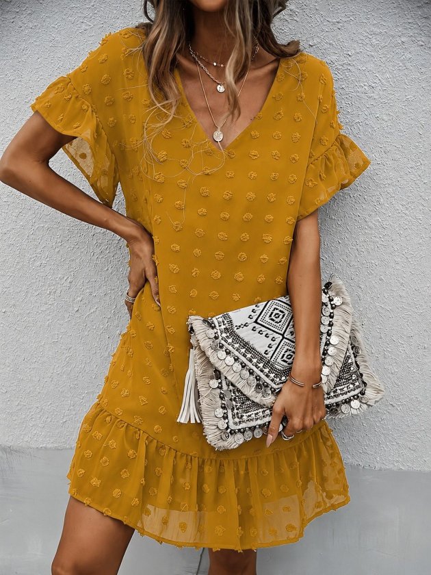 Girince 189902 Women's Short-Sleeve V-Neck Polka-Dot Chiffon Dress