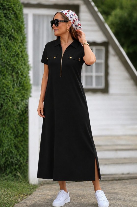 Girince 189757 Women's Short-Sleeve Collared Zip-Front Long Dress