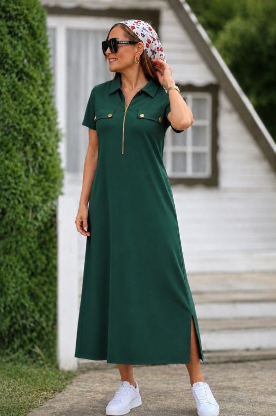 Girince 189756 Women's Short-Sleeve Collared Zip-Front Long Dress