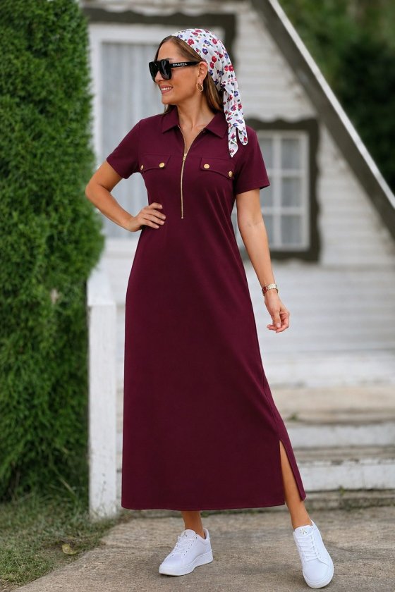 Girince 189755 Women's Short-Sleeve Collared Zip-Front Long Dress