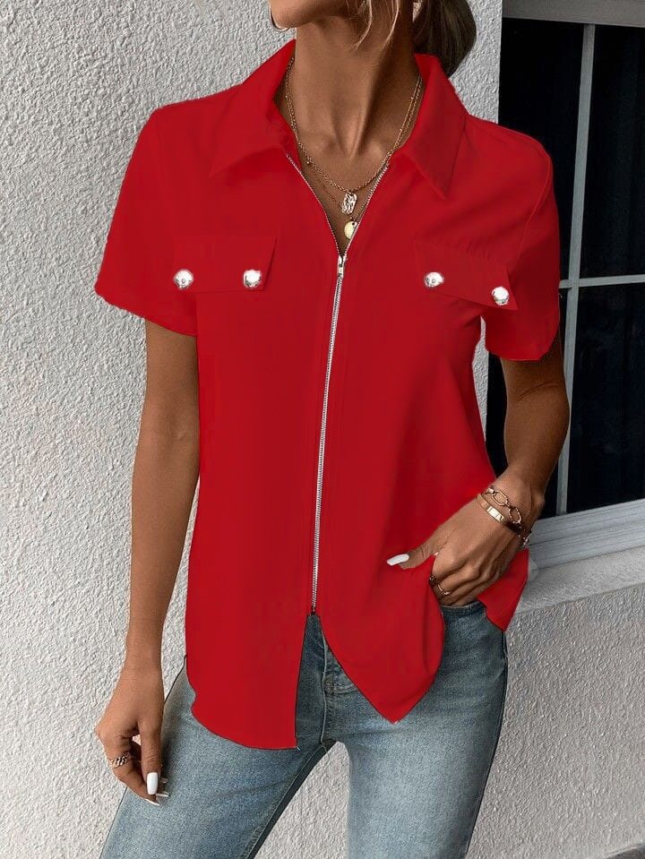 Girince 189689 Women's Short-Sleeve Zip-Front Blouse