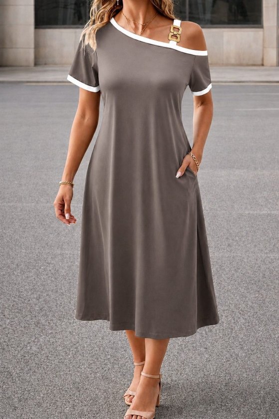 Girince 189619 Women's Short-Sleeve One-Shoulder Midi Viscose Dress