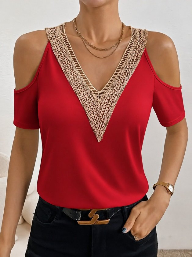 Girince 189229 Women's Viscose Cold-Shoulder V-Neck Blouse