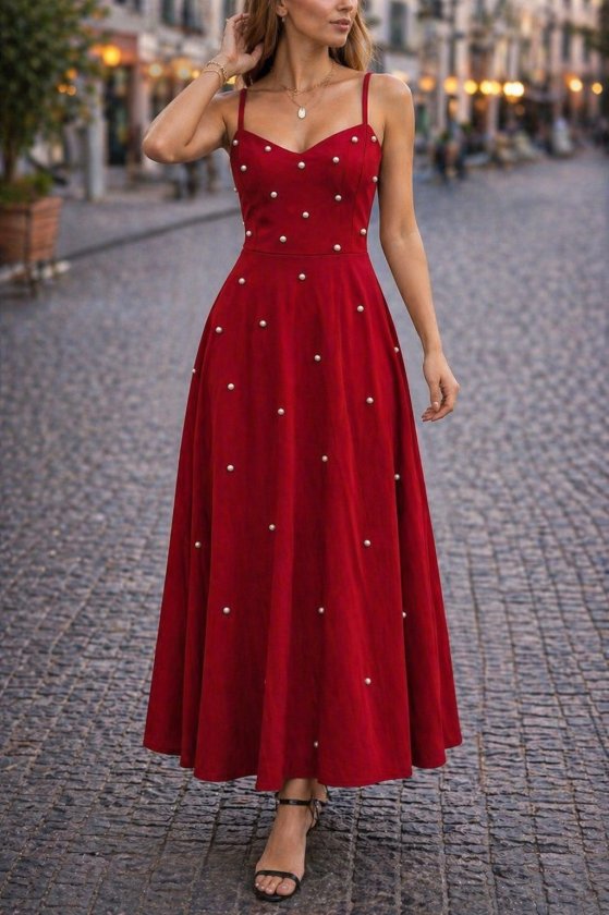 Girince 189154 Women's Long Spaghetti-Strap V-Neck Dress with Pearl Details