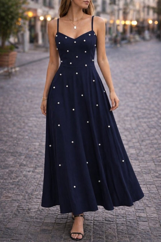 Girince 189153 Women's Long Spaghetti-Strap V-Neck Dress with Pearl Details