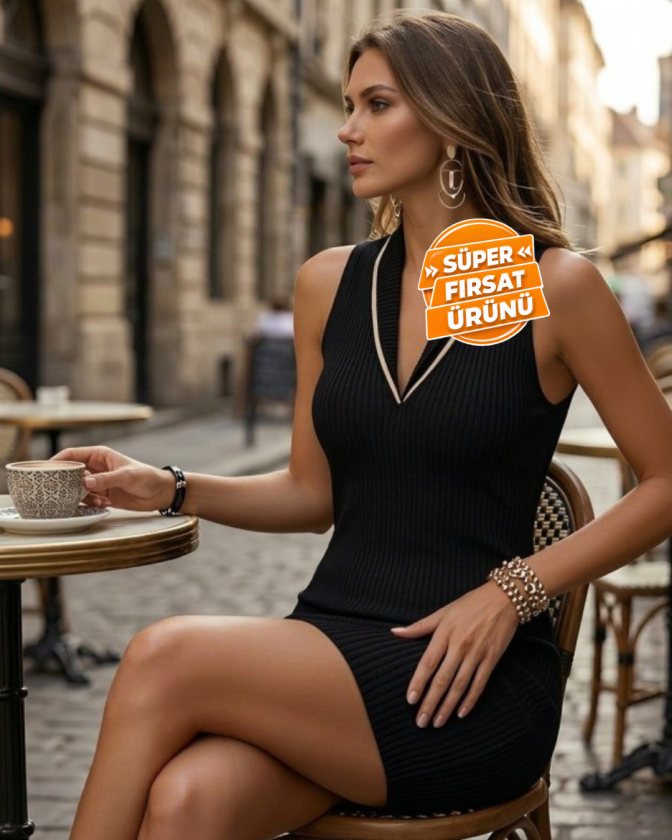 Girince 189136 Women's Short Ribbed Knit Dress with V Neck
