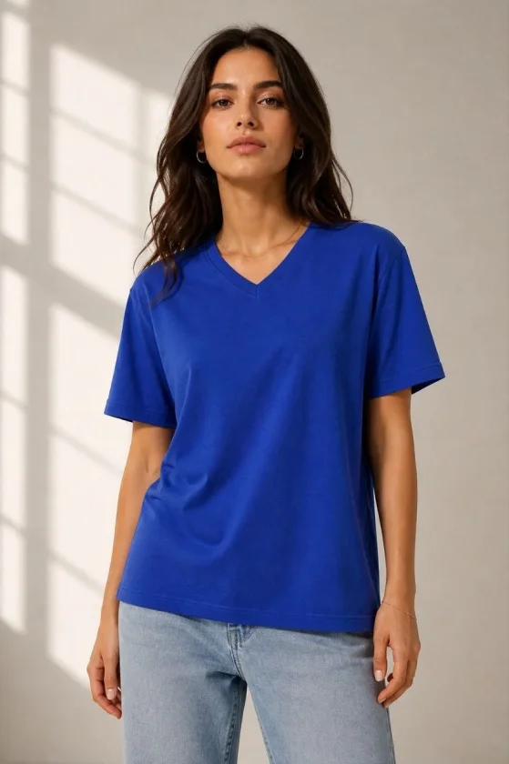 Girince 189133 V-Neck Basic Short-Sleeve Regular Fit T-Shirt - Saks Blue