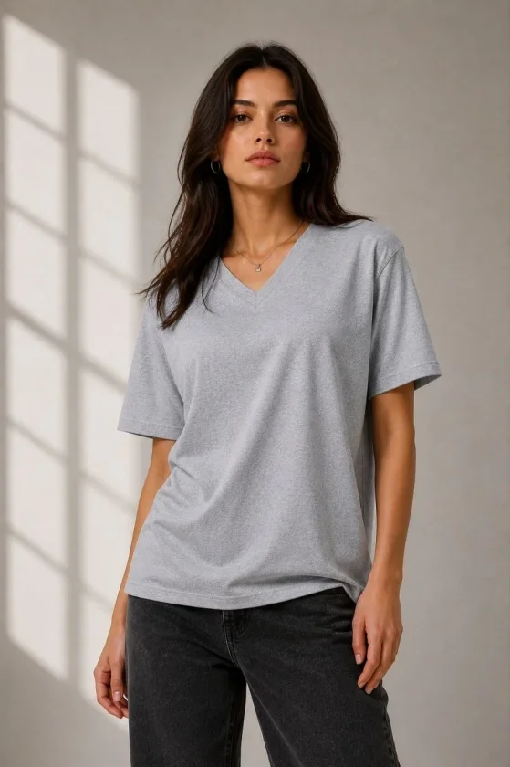 Girince 189132 Grey V-Neck Short-Sleeve Basic T-Shirt