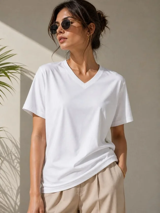 Girince 189131 White Women's V-Neck Short-Sleeve T-Shirt