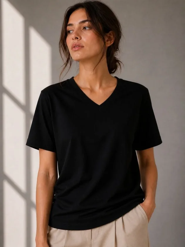 Girince 189130 Black V-Neck Short-Sleeve Basic T-Shirt