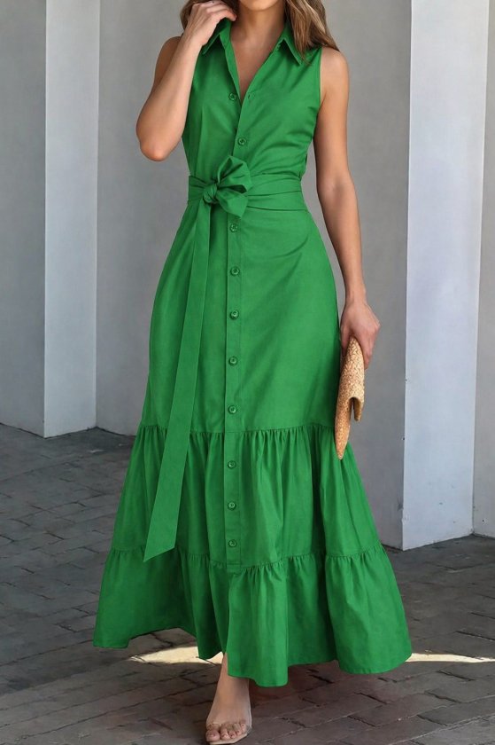 Girince 189129 Sleeveless Button-Front Belted Maxi Dress