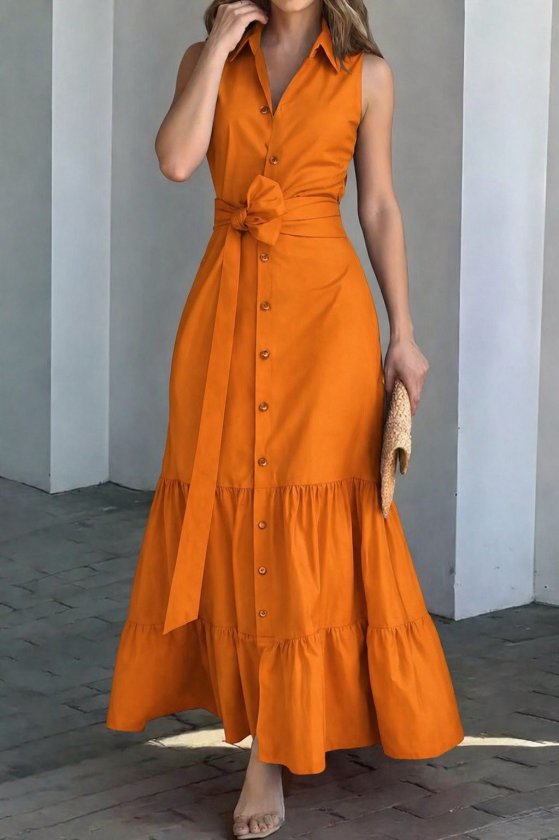 Girince 189128 Sleeveless Button-Front Belted Maxi Dress