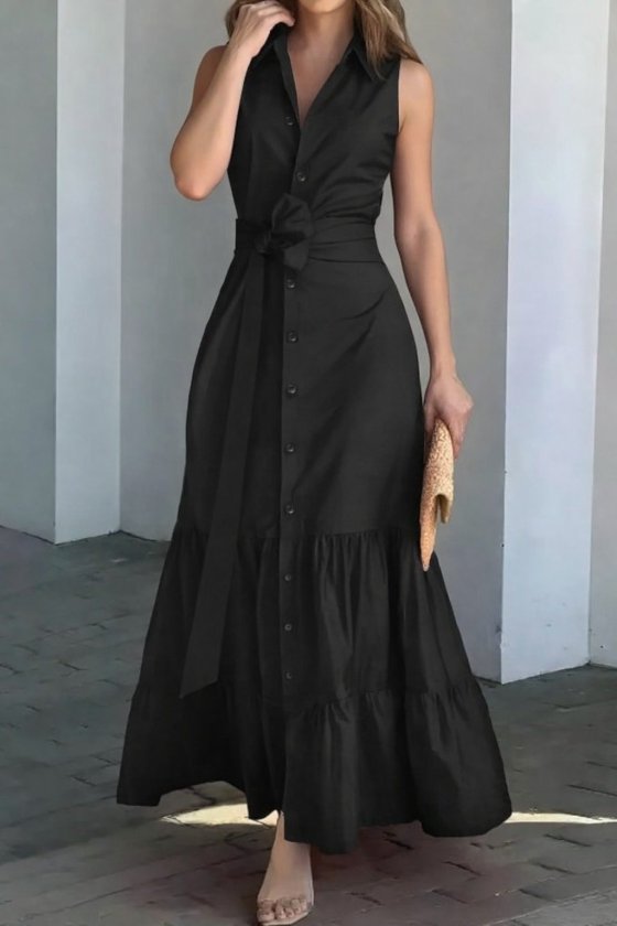Girince 189127 Sleeveless Button-Front Belted Maxi Dress