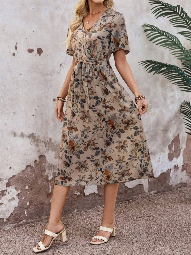 Girince 189124 Women's Short-Sleeve Wrap-Neck Printed Midi Dress