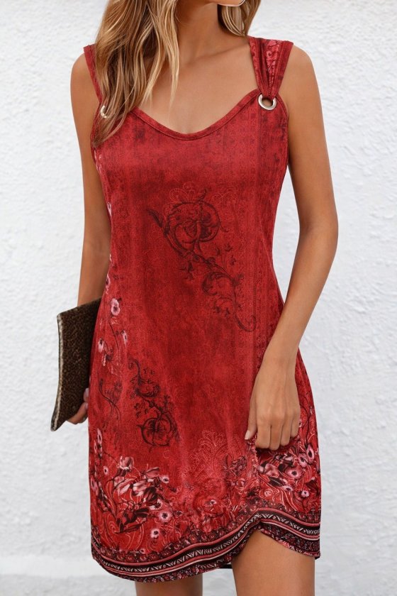 Girince 189109 Women's Spaghetti Strap V-Neck Printed Short Dress