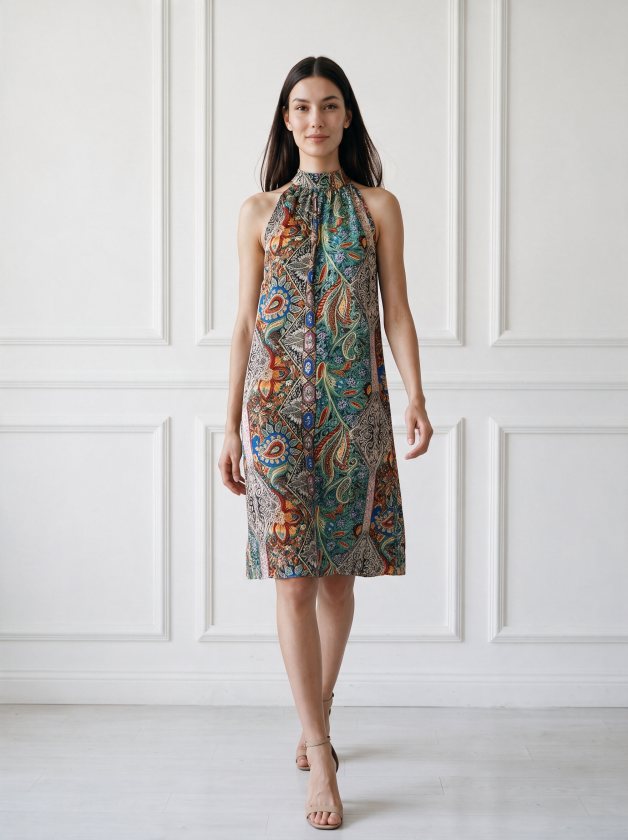 Girince 189099 Women's Sleeveless Halter-Neck Printed Midi Dress