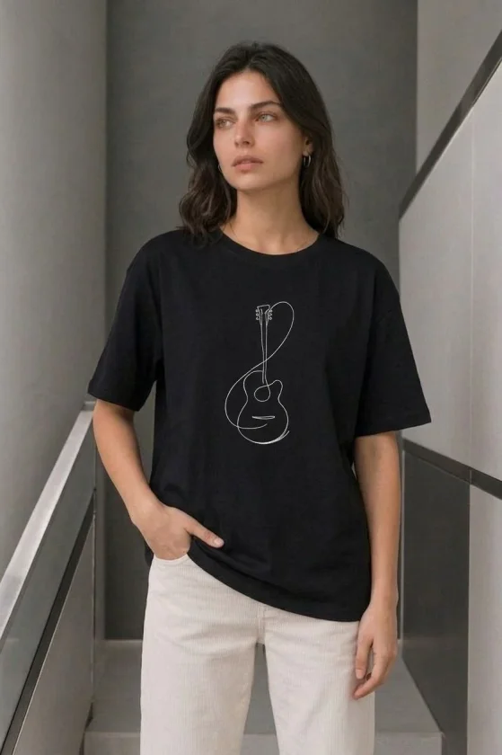 Girince 188679 Black Minimal Guitar Print T-Shirt