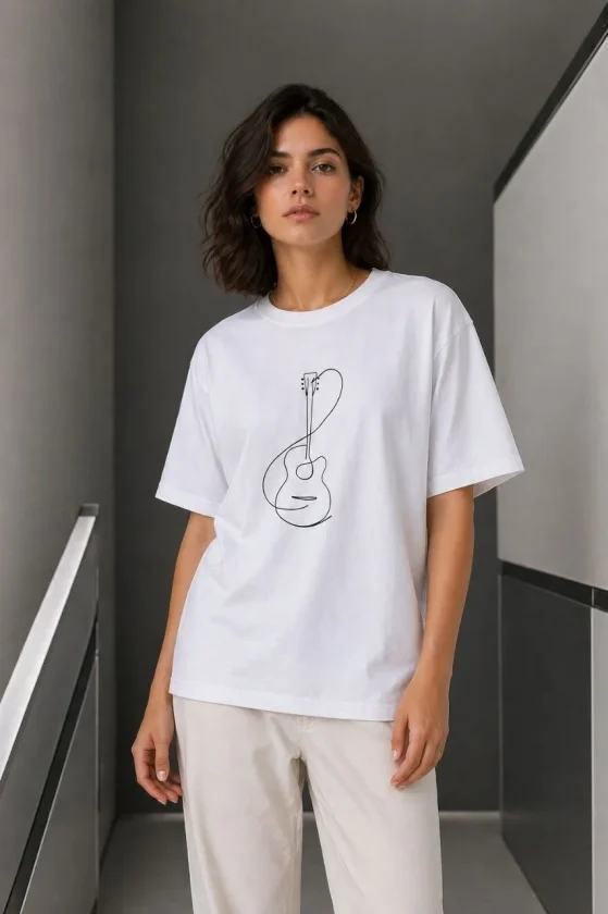 Girince 188678 White Guitar Print T-Shirt