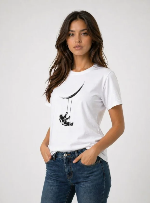 Girince 188619 White Astronaut and Moon T-Shirt