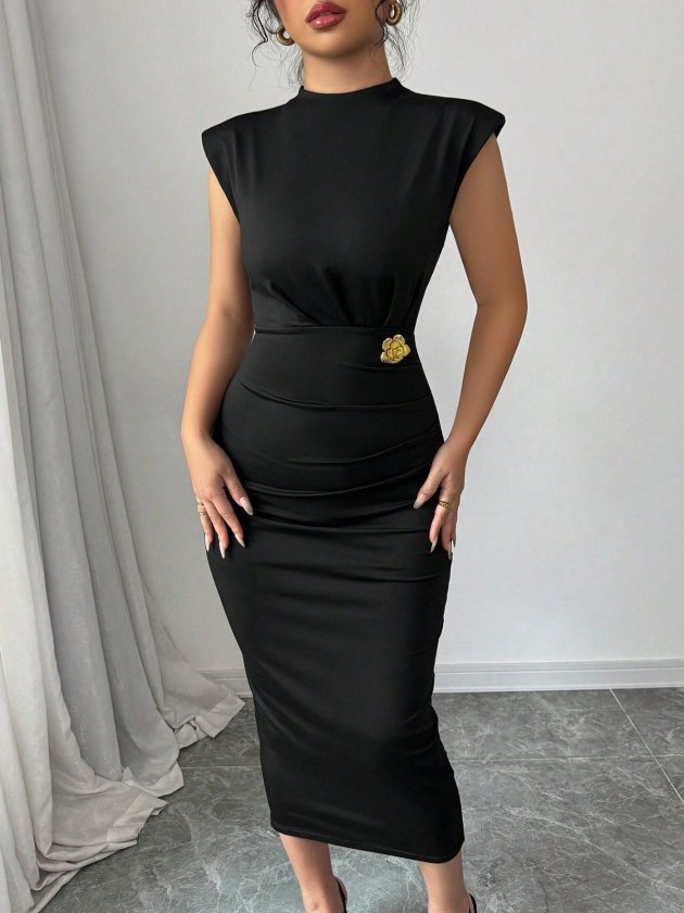 Girince 187977 Women's Midi Dress with Mock Neck and Short Sleeves