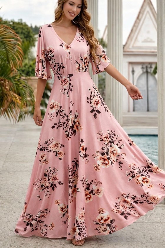 Girince 187938 Women's Short-Sleeve V-Neck Patterned Dress