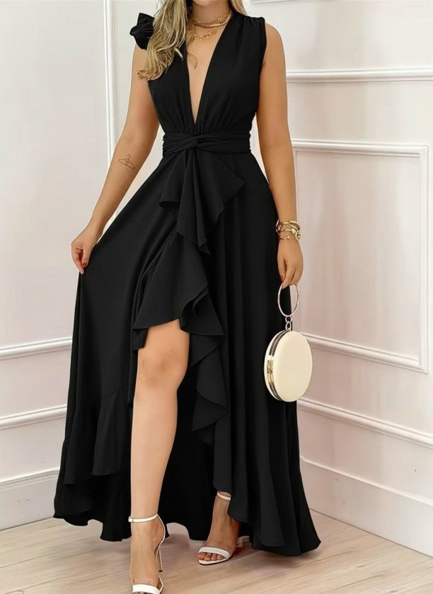 Girince 187909 Women's Long Crepe Dress with Wrap Neck and Ruffles