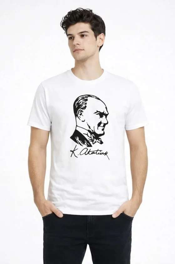 Erkek Atatürk Baskılı Tişört Kısa Kollu Bisiklet Yaka T-Shirt - Beyaz