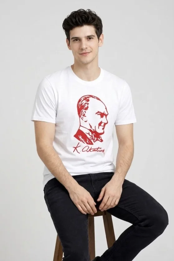 Erkek Atatürk Baskılı Tişört Kısa Kollu Bisiklet Yaka T-Shirt - Beyaz