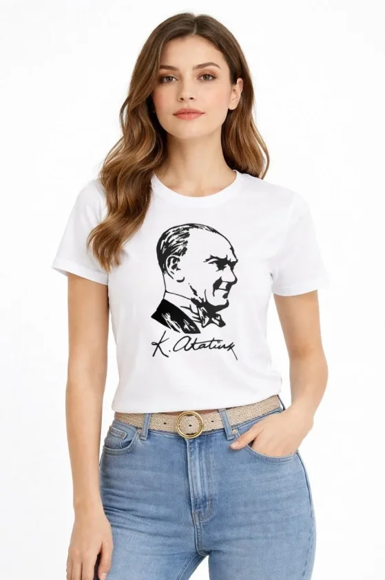 Atatürk Baskılı Tişört Kısa Kollu Bisiklet Yaka T-Shirt - Beyaz