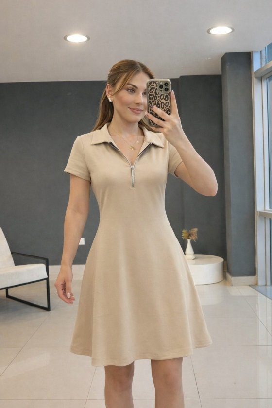 Kadın Kısa Kollu Yakası Fermuarlı Kısa Viskon Iki Iplik Elbise