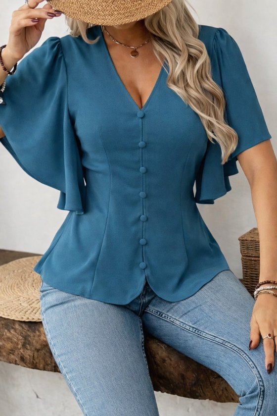 Girince 186771 Women's Short-Sleeve Button-Front Crepe Blouse