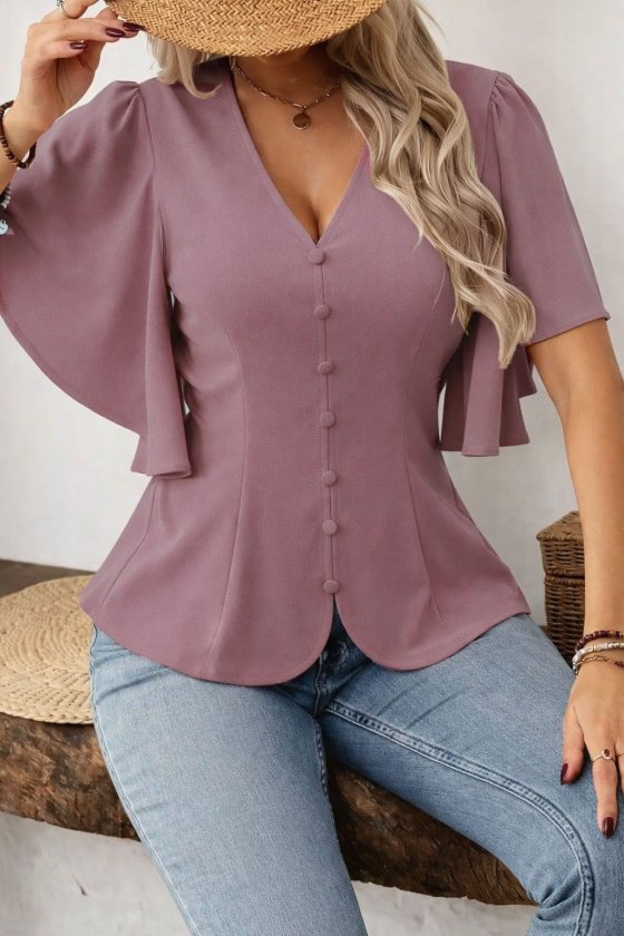 Girince 186770 Women's Short-Sleeve Button-Front Crepe Blouse
