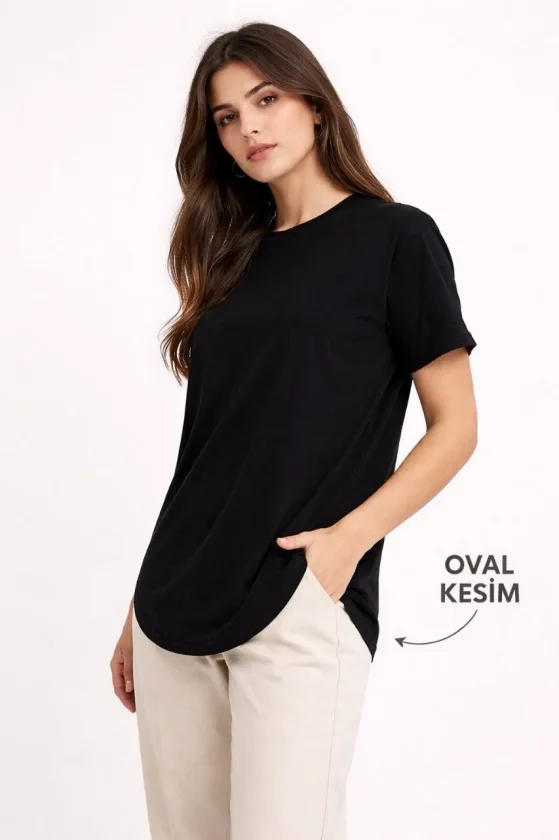 Basic T-Shirt Kısa Kol Bisiklet Yaka Oval Kesim Tişört - Siyah