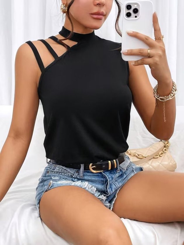 Girince 186567 Women's Viscose Mock-Neck Blouse with Shoulder Straps