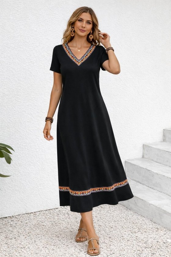 Girince 186115 Women's Short-Sleeve V-Neck Long Viscose Dress