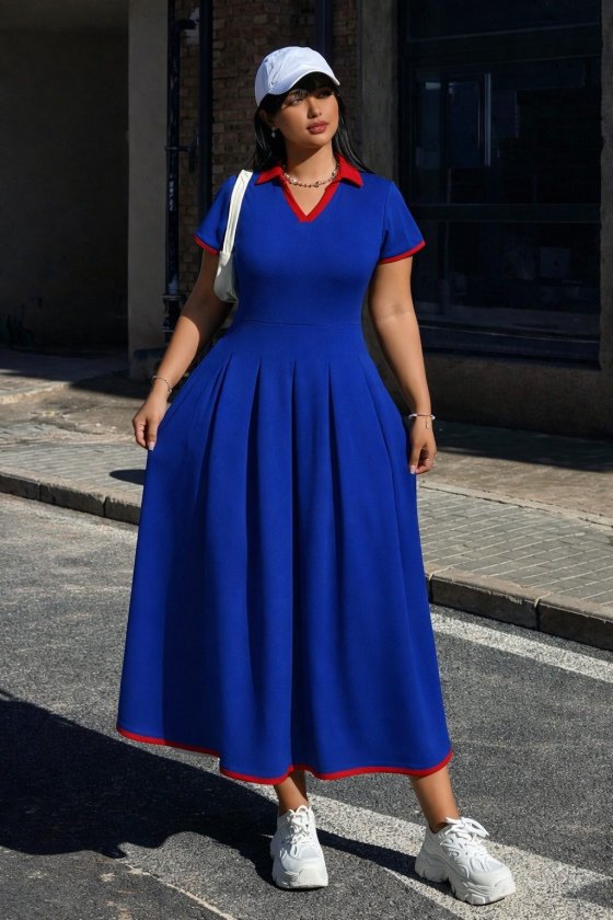 Girince 186107 Women’s Short-Sleeve V-Neck Pleated Long Janjan Crepe Dress