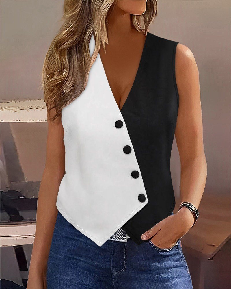 Girince 186073 Women's Sleeveless V-Neck Button-Front Color-Block Waistcoat