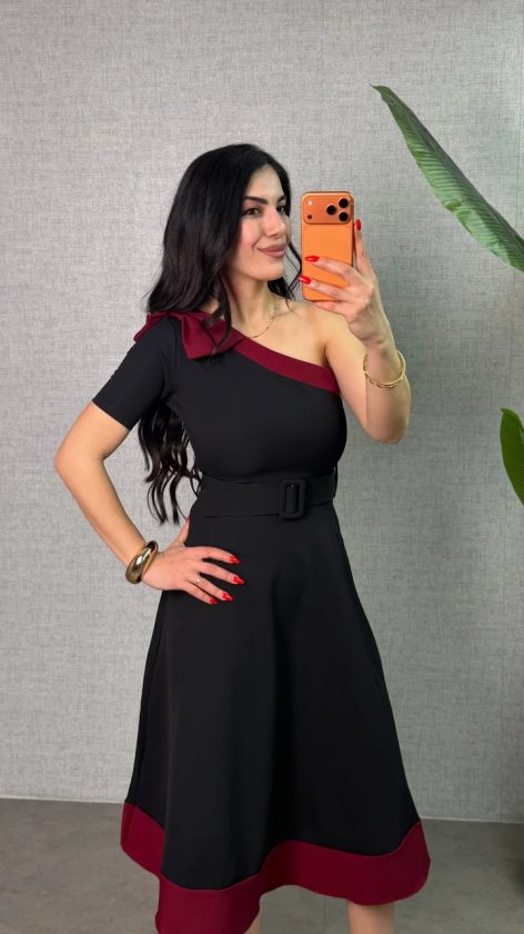 Girince 185567 One-Shoulder Midi Dress with Bow Detail