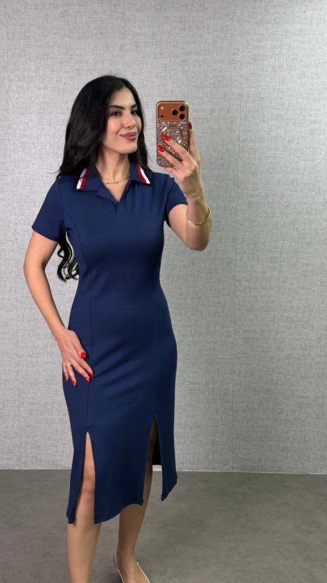 Kadın Polo Yaka çift Yırtmaç Detay Modal Kumaş Midi Boy Elbise