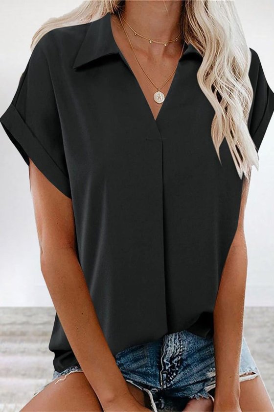 Girince 185000 Women's Short-Sleeve Collared Woven Viscose Blouse