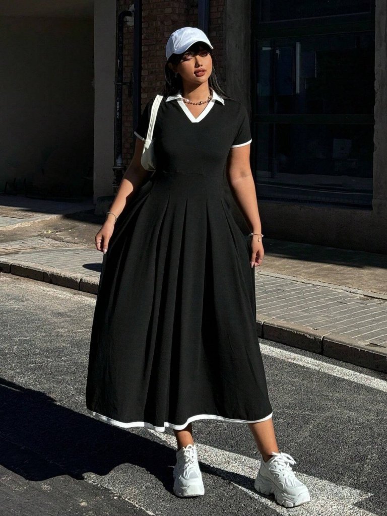 Girince 184734 Women’s Short-Sleeve V-Neck Pleated Long Janjan Crepe Dress