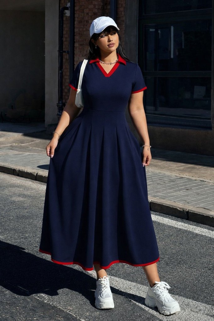 Girince 184733 Women’s Short-Sleeve V-Neck Pleated Long Janjan Crepe Dress